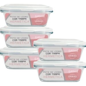 Conjunto 5 Potes Vidro Hermético 640ml Mantimentos Marmita Forno Microondas Transparente