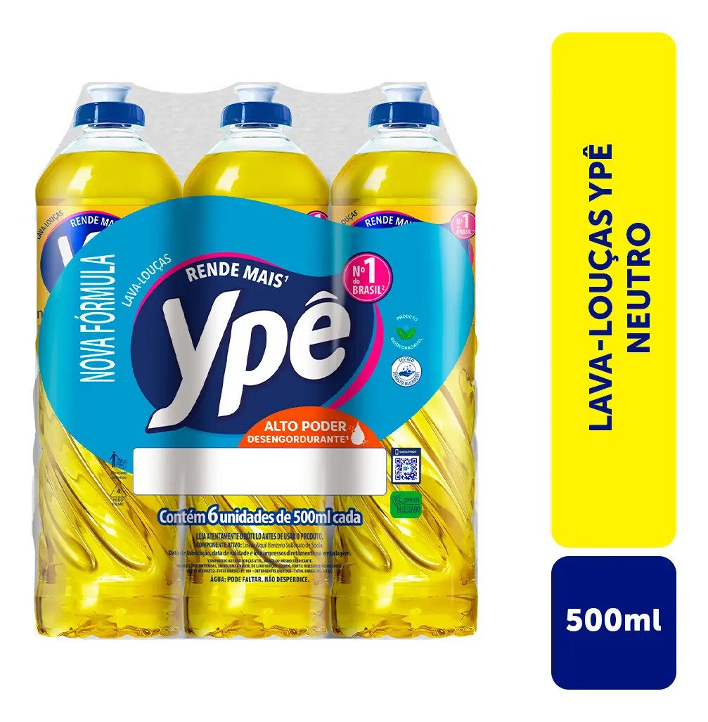 Detergente Lava Louças Ypê Com 6 Unidades Neutro 500ml Detergente Lava Louças Ypê Com 6 Unidades Neutro 500ml
