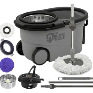 Esfregão Mop 360° Balde Inox Com Rodas Microfibra 16 Litros Cabo Longo Alça Cinza Tbbl04 The Black Tools
