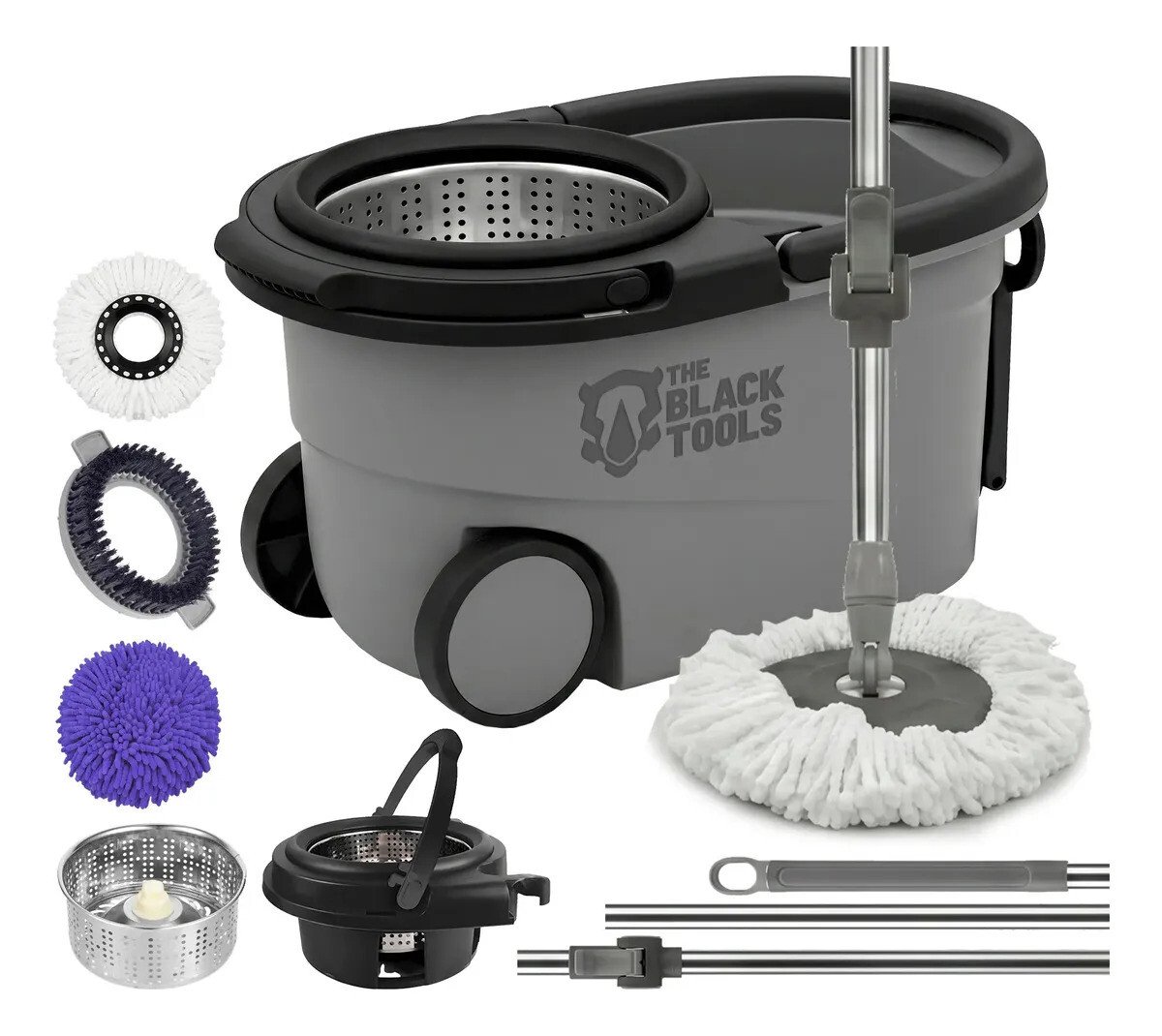 Esfregão Mop 360° Balde Inox Com Rodas Microfibra 16 Litros Cabo Longo Alça Cinza Tbbl04 The Black Tools Esfregão Mop 360° Balde Inox Com Rodas Microfibra 16 Litros Cabo Longo Alça Cinza Tbbl04 The Black Tools