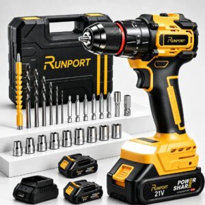 Furadeira Parafusadeira Impacto Runport Brushless 21V Sem Fio 45Nm 2 Baterias 2.0Ah Carregador Rápido Kit Brocas Bits Soquetes Acessórios