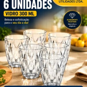 Jogo 6 Copos Vidro Diamond Diamante Luxo Grosso 300ml Resistente Água Suco Cerveja Refrigerante whisky Bebidas Destiladas Transparente MAIS VENDIDO SBC UTILIDADES LTDA