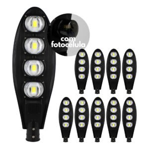 Kit 10 Luminária Led Cob 200w Iluminação Publica Fotocélula