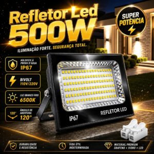 Kit 2 Refletores Led Smd Holofote 500w Ip67 Carcaça Preta Luz Branco Frio 6500k Bivolt Econômico Decorativo 127/220v Preto
