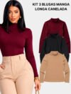 Kit 3 Peças Manga Longa Feminina Blusa De Frio Gola Alta