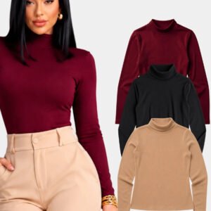 Kit 3 Peças Manga Longa Feminina Blusa De Frio Gola Alta