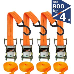 Kit 4 Cintas Catraca 4m 800kg Poliéster Trançado Ultra Resistente Gancho Emborrachado Transporte Seguro Cargas Caminhão Mudança Moto