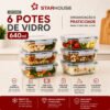 Kit 6 Potes 640ml Vidro Hermético 4 Travas Marmita Refratario Star House com 4 travas de super vedação