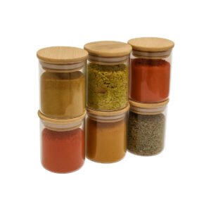 Kit 6 Potes Vidro 200ml Porta Tempero Hermético Tampa Bambu