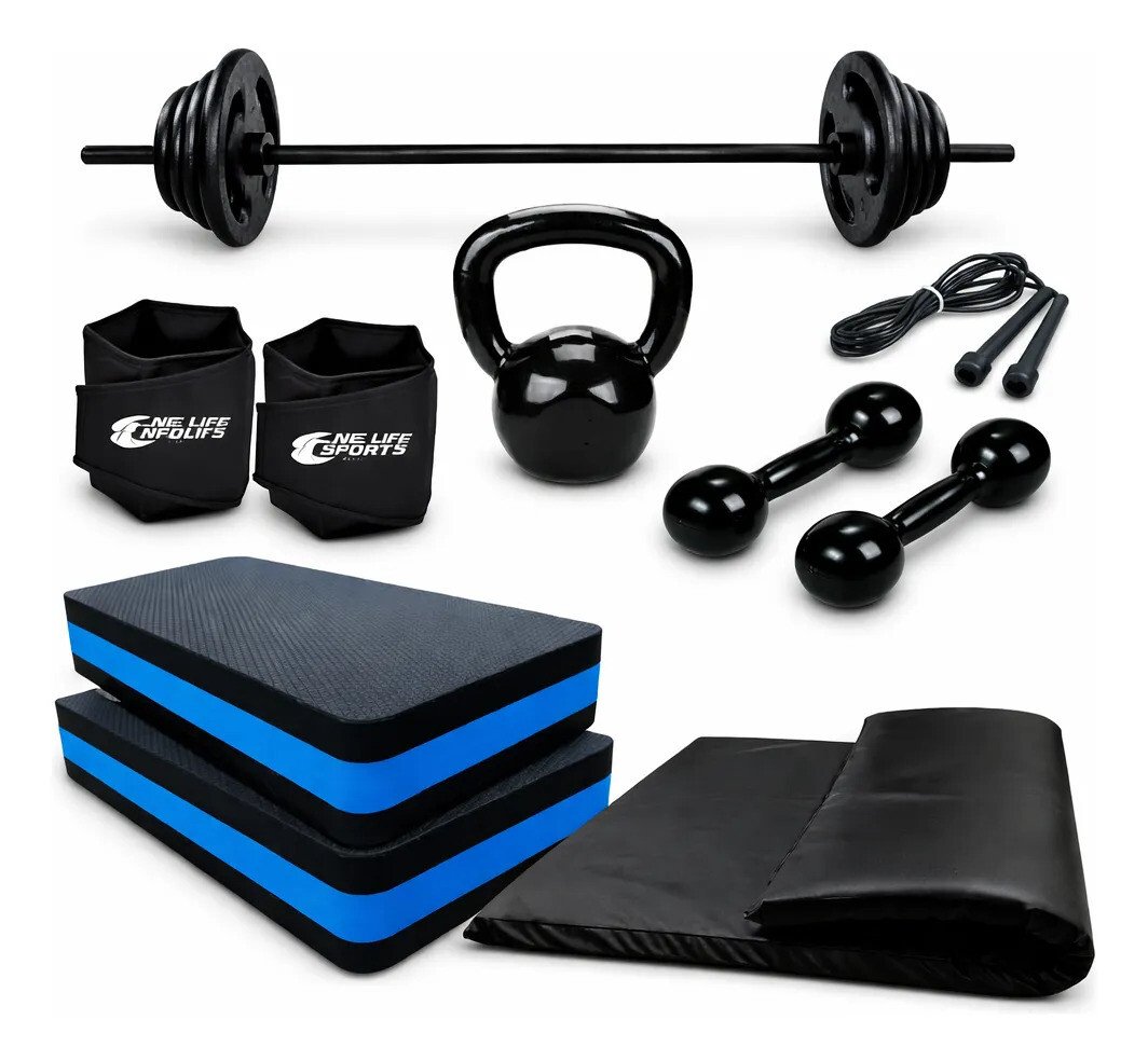 Kit Barra + Peso + Halter + 2 Step + Corda + Colchonete Kit Barra + Peso + Halter + 2 Step + Corda + Colchonete