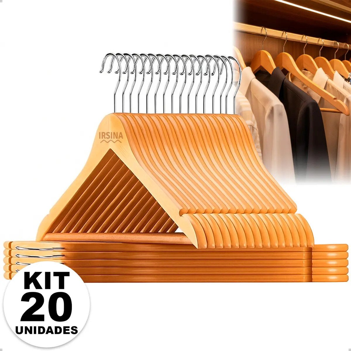 Kit Cabide Madeira Mafim Antiderrapante para Roupa Adulto Reforçado Irsina Kit Cabide Madeira Mafim Antiderrapante para Roupa Adulto Reforçado Irsina