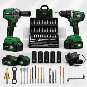 Kit Oficina Mecânica KILIAN ETHAN 21V: Chave Impacto e Furadeira Brushless Com Jogo 46 Peças