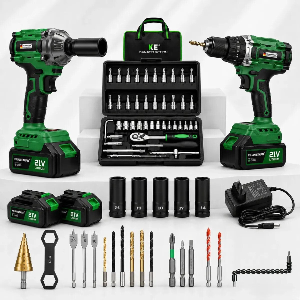 Kit Oficina Mecânica KILIAN ETHAN 21V: Chave Impacto e Furadeira Brushless Com Jogo 46 Peças Kit Oficina Mecânica KILIAN ETHAN 21V: Chave Impacto e Furadeira Brushless Com Jogo 46 Peças
