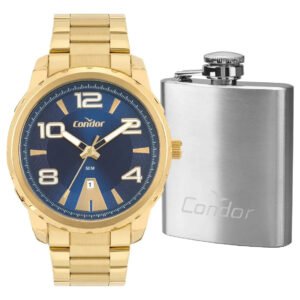 Kit Relógio Condor Masculino Dourado Aço Co2115myj/k4a Dourado Azul