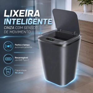Lixeira Inteligente Automática Cinza Universal Com Sensor Recarregável Earman Company Anti Odor 16l Recarregável Usb