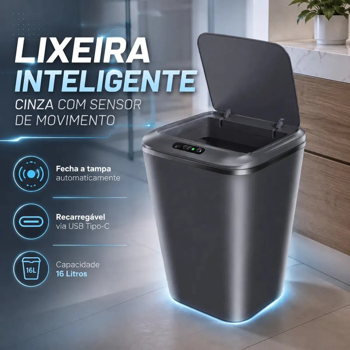Lixeira Inteligente Automática Cinza Universal Com Sensor Recarregável Earman Company Anti Odor 16l Recarregável Usb Lixeira Inteligente Automática Cinza Universal Com Sensor Recarregável Earman Company Anti Odor 16l Recarregável Usb