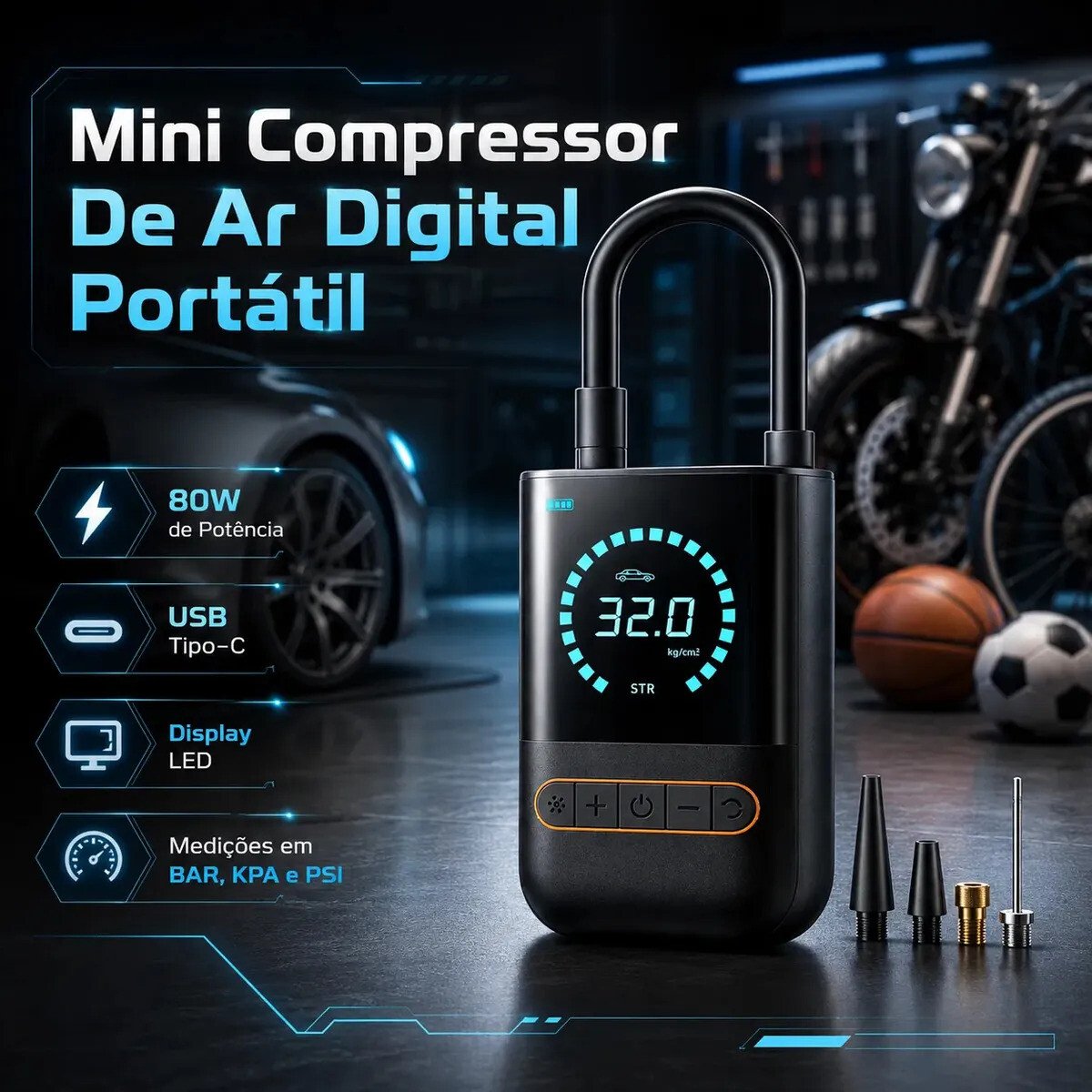 Mini Compressor De Ar Digital Para Pneus Carro Moto Bike 150psi Recarregável 4000mah Preto 127/220v 60 Hz Monofásica Mini Compressor De Ar Digital Para Pneus Carro Moto Bike 150psi Recarregável 4000mah Preto 127/220v 60 Hz Monofásica