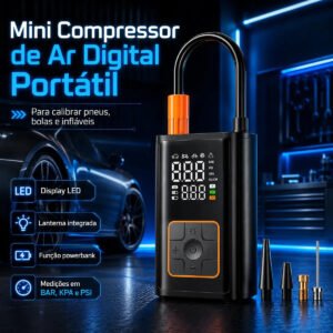 Mini Compressor Digital Portátil Bomba De Encher Pneus Bola Inflável Para Carro Moto Bicicleta Com Calibrador De Ar Preto 127/220v 50 Hz/60 Hz Monofásica