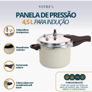 Panela De Pressão Indução 4,5L Revestimento Ceramico Antiaderente Com 4 Valvulas De Segurança Fechamento Externo, Cabos Soft Touch Vitrex Creme Granito