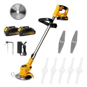 Roçadeira Aparador Grama 2 Bateria Recarregável 21v 9000 Rpm Comprimento Ajustável Profissional Com Acessórios – Mestri M-141 127/220v Amarelo