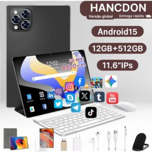 Tablet Android 15 Hancdon Tab Kit Completo Ram 12gb 512gb 11.6” Hd Tela Apoia Wifi 2,4/4g/5g Dual Sim Bateria 8800mah… Preto