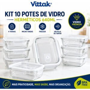 Vittak Kit 10 Potes Vidro Hermético Com 4 Travas Marmita Microondas Freezer Transparente 640ml