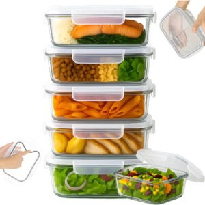 Yab – Kit 5 Potes De Vidro Marmita C/ Tampa Hermético 640ml Retangular 4 Travas Borossilicato Alimentos Micro-ondas Freezer Geladeira