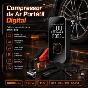 Auxiliar de Partida de Bateria Veicular Portátil Com Compressor de Ar Para Carro e Moto
