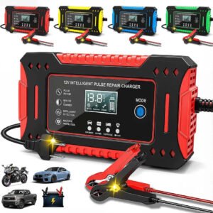 aweshine Carregador inteligente de bateria automotivo 12V portátil, para carro, moto, caminhão e bateria estacionária vermelho