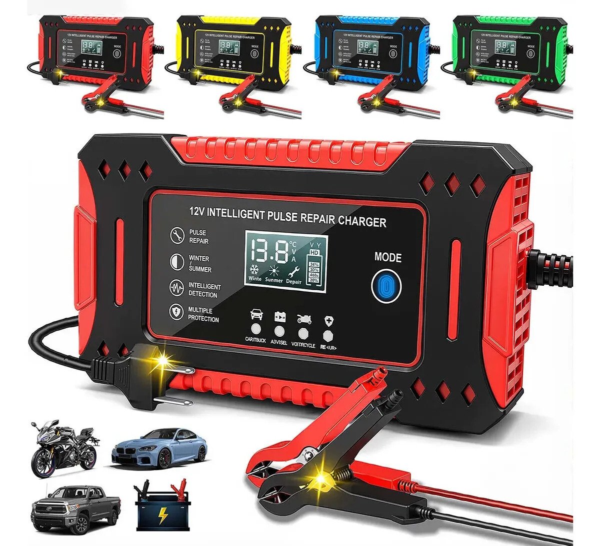 aweshine Carregador inteligente de bateria automotivo 12V portátil, para carro, moto, caminhão e bateria estacionária vermelho aweshine Carregador inteligente de bateria automotivo 12V portátil, para carro, moto, caminhão e bateria estacionária vermelho