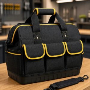 Bolsa Maleta de Ferramentas 14 Pol Grande e Reforçada 16 Bolsos, 8 Internos e 8 Externos, Base Rígida e Alça Removível para Eletricista e Profissionais Preto e Amarelo Hardline