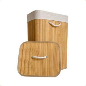 Cesto de Roupa Bambu Retangular de 72L com Tampa e Forro de Linho