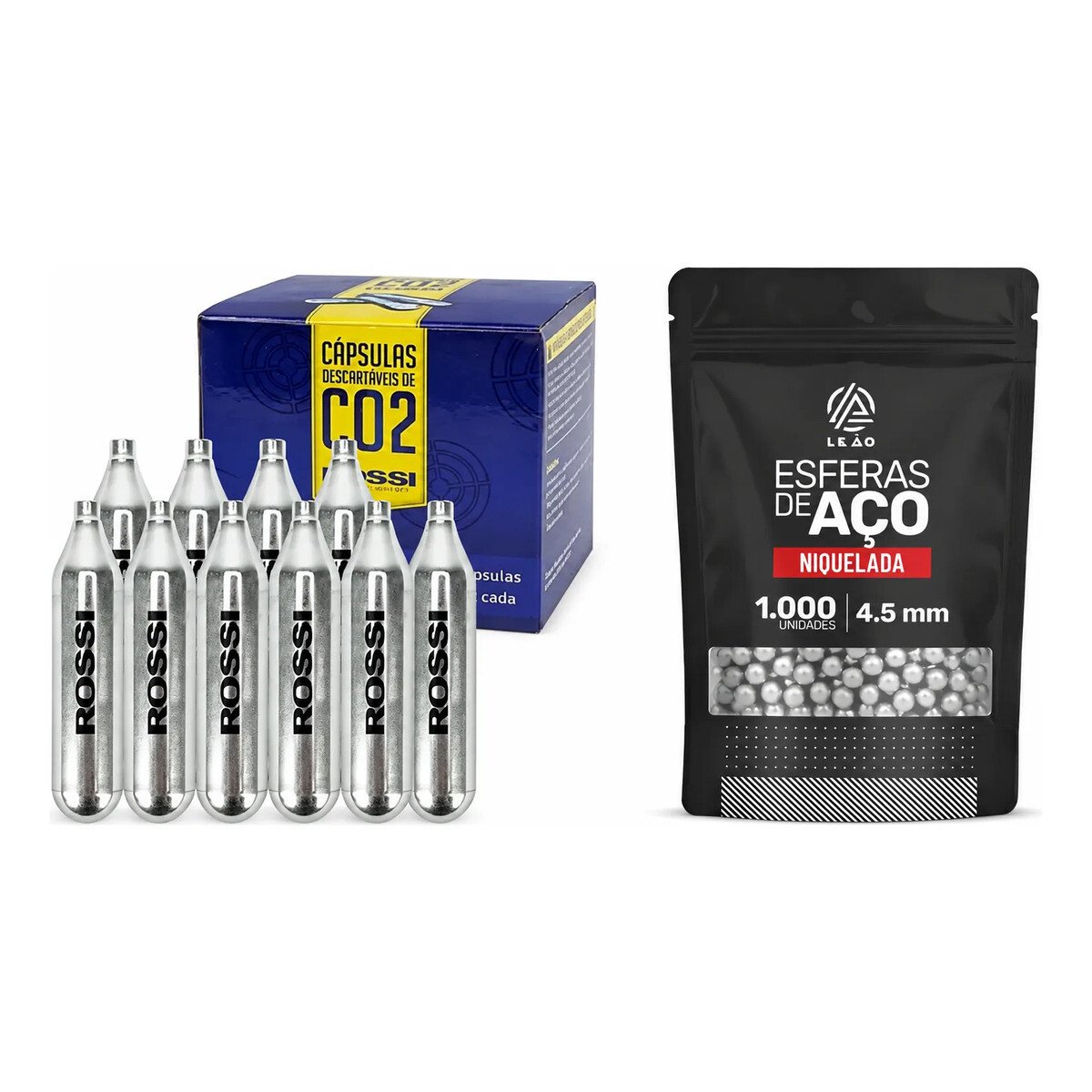 Cilindro Co2 12g Rossi - 10 Un. + 1000 Esferas De Aço 4.5mm Cilindro Co2 12g Rossi - 10 Un. + 1000 Esferas De Aço 4.5mm