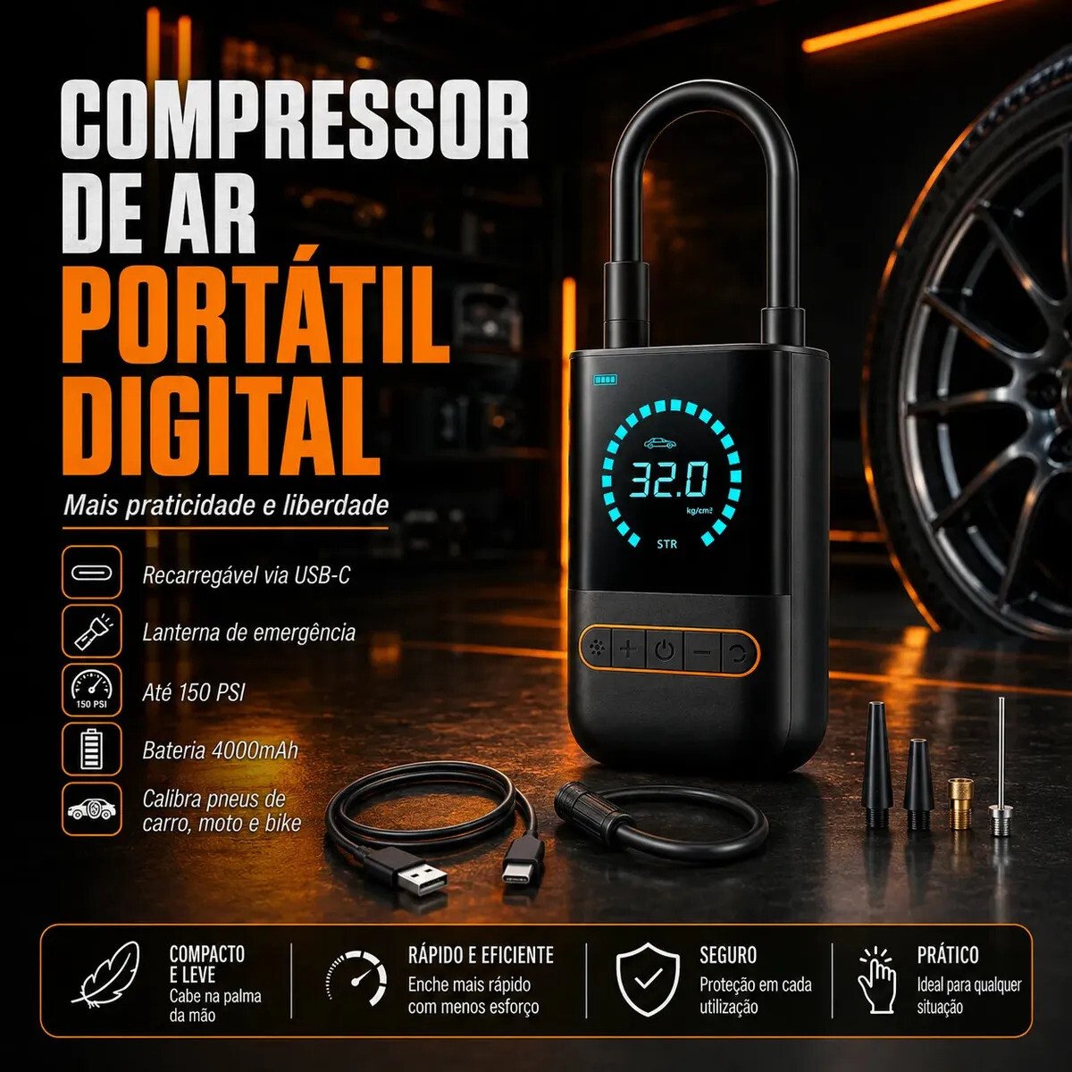 Compressor Calibrador De Pneus Calibrador B&G Portátil Mini Digital Carro Bike Sem Fio Cor Preto Compressor Calibrador De Pneus Calibrador B&G Portátil Mini Digital Carro Bike Sem Fio Cor Preto
