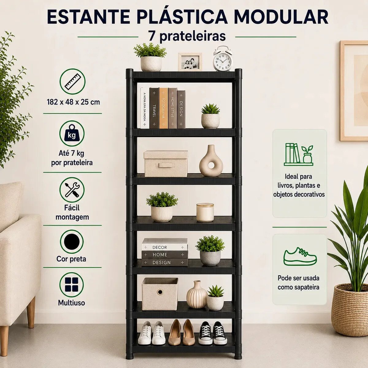 Estante Plástica Modular Multiuso Preta 7 Prateleiras Organizadora Para Livros Plantas Objetos Decorativos Estante Plástica Modular Multiuso Preta 7 Prateleiras Organizadora Para Livros Plantas Objetos Decorativos