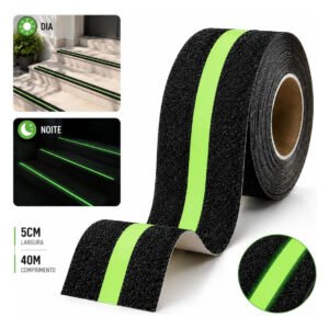 Fita Antiderrapante Fotoluminescente 5cm X 40m Neon, Fita de Segurança Brilha no Escuro para Escadas, Degraus e Pisos