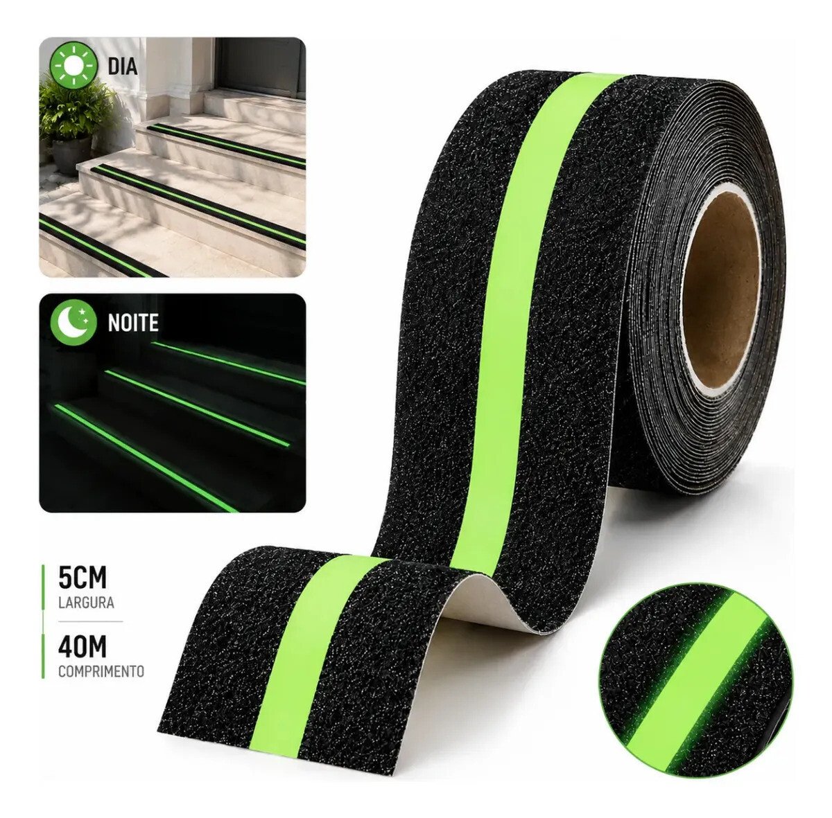 Fita Antiderrapante Fotoluminescente 5cm X 40m Neon, Fita de Segurança Brilha no Escuro para Escadas, Degraus e Pisos Fita Antiderrapante Fotoluminescente 5cm X 40m Neon, Fita de Segurança Brilha no Escuro para Escadas, Degraus e Pisos
