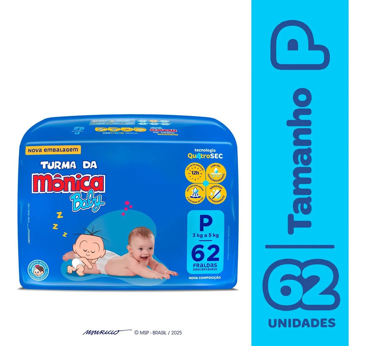 Fraldas Descartáveis Baby Qu4troSec Com 62 Unidades Tamanho P Turma da Mônica Fraldas Descartáveis Baby Qu4troSec Com 62 Unidades Tamanho P Turma da Mônica