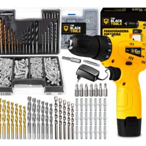 Furadeira Parafusadeira A Bateria 12V 3/8” 10mm Bivolt 350 Rpm The Black Tools + Jogo De Brocas Bits Buchas C/ 300 Peças