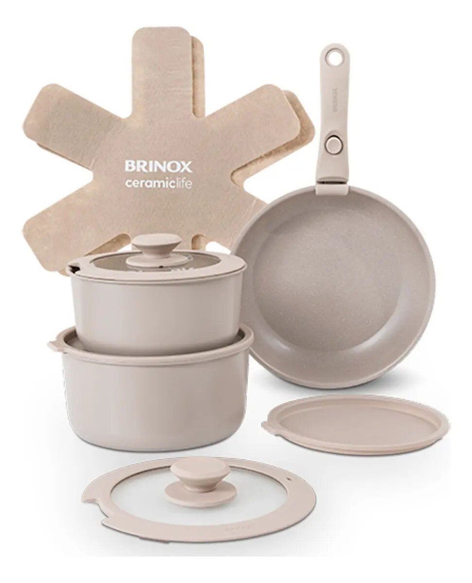 Jogo De Panelas Antiaderente Cerâmico 10 Peças Brinox Fit Cor Areia Jogo De Panelas Antiaderente Cerâmico 10 Peças Brinox Fit Cor Areia