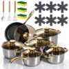 Jogo De Panelas Prime Ware-Es 12 Peças de Aço Inox Premium Com Medidor e Tampa De Vidro Para Indução