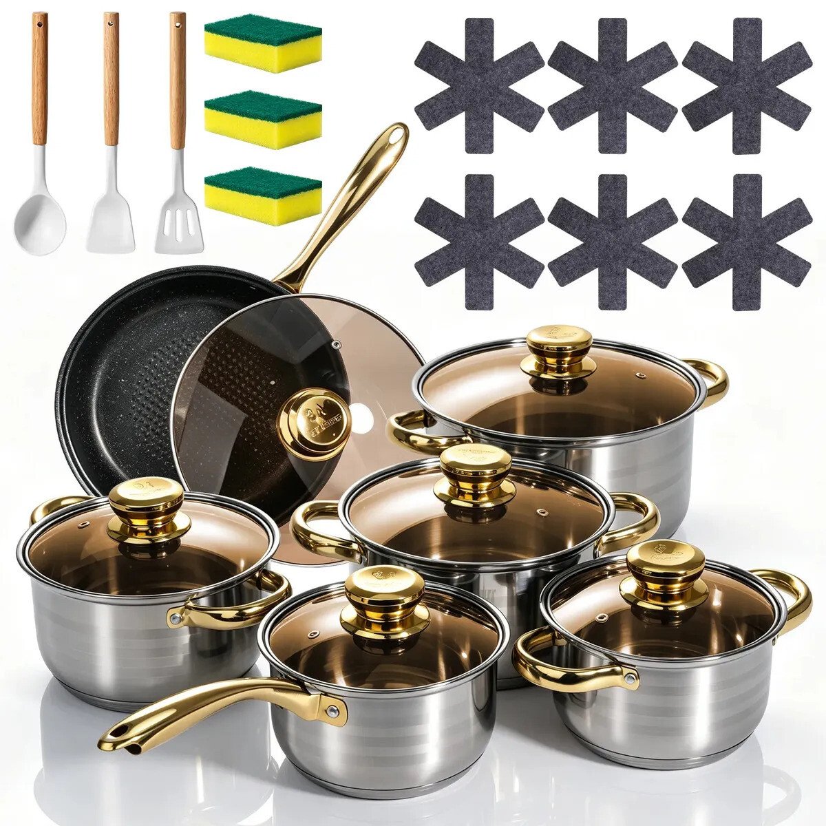 Jogo De Panelas Prime Ware-Es 12 Peças de Aço Inox Premium Com Medidor e Tampa De Vidro Para Indução Jogo De Panelas Prime Ware-Es 12 Peças de Aço Inox Premium Com Medidor e Tampa De Vidro Para Indução