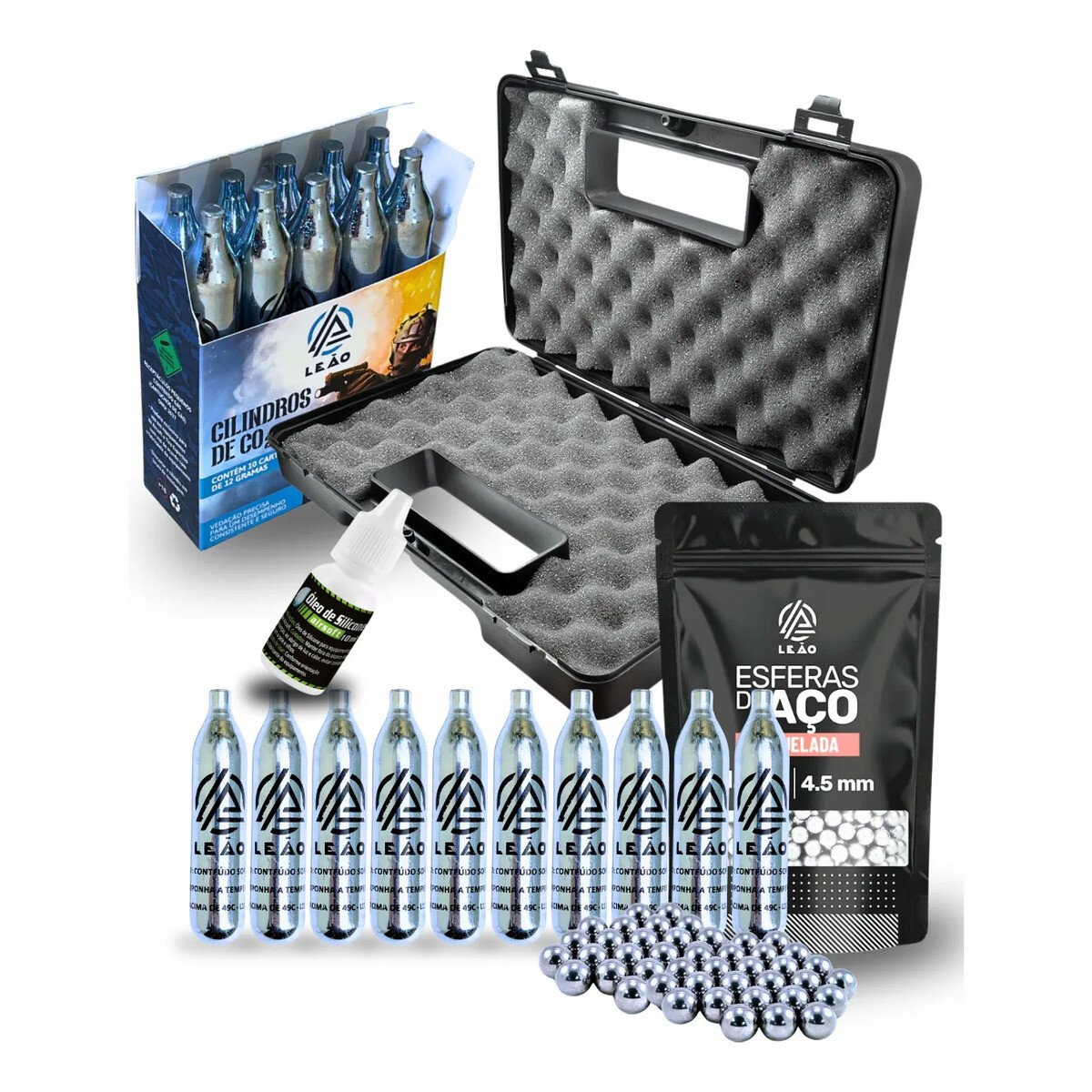 Kit 1000 Esfera De Aço 4.5mm + Maleta + 10 Co2 12g +silicone Kit 1000 Esfera De Aço 4.5mm + Maleta + 10 Co2 12g +silicone