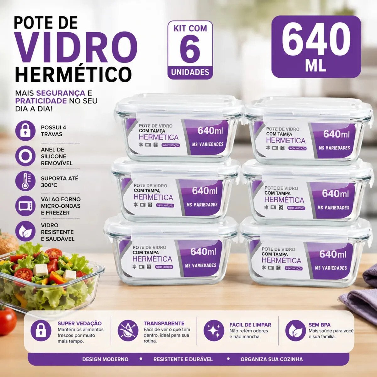Kit 6 Potes 640ml Vidro Borossilicato Hermético 4 Travas Marmita Forno Freezer Kit 6 Potes 640ml Vidro Borossilicato Hermético 4 Travas Marmita Forno Freezer