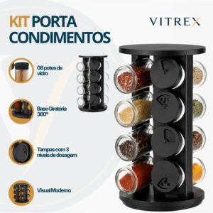 Kit Porta Condimentos Vitrex 8 Potes Em Vidro Preto Com Base Giratória