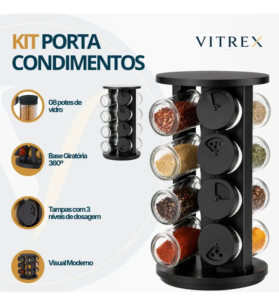 Kit Porta Condimentos Vitrex 8 Potes Em Vidro Preto Com Base Giratória Kit Porta Condimentos Vitrex 8 Potes Em Vidro Preto Com Base Giratória