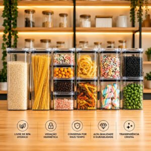 Kit Potes Porta Mantimento Hermético Quadrado Cozinha 12 Uni