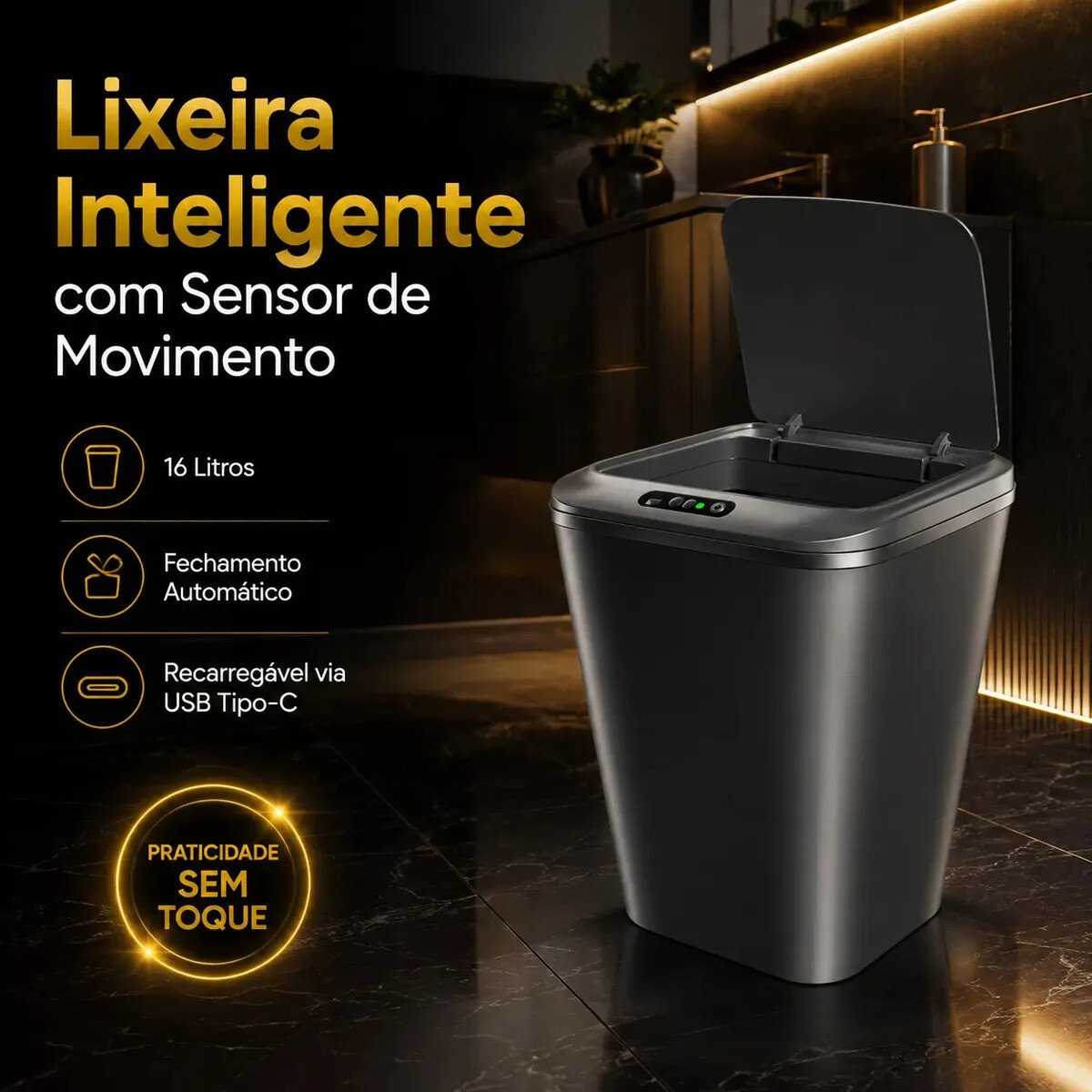 Lixeira Inteligente Automática Preta Universal Com Sensor Hearbuds Recarregável Anti Odor 16L Lixeira Inteligente Automática Preta Universal Com Sensor Hearbuds Recarregável Anti Odor 16L