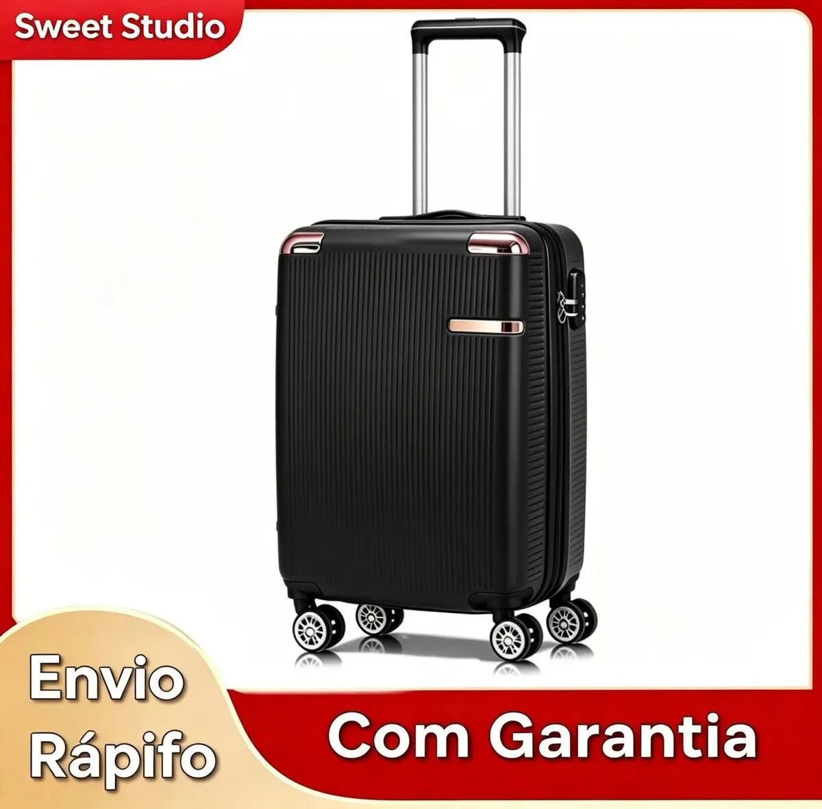 Mala de Bordo Rígida ABS Preto Sweet Studio com Rodas Duplas 360° para Viagem Mala de Bordo Rígida ABS Preto Sweet Studio com Rodas Duplas 360° para Viagem
