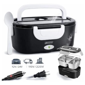 Marmita Elétrica Preta Bivolt Portátil Doméstica 110/220v Veicular 12/24v Lancheira 1.5l Com Divisórias Esquenta Rápido Refeições Práticas Trabalho Casa Carro Caminhão Viagem Faculdade Woosh